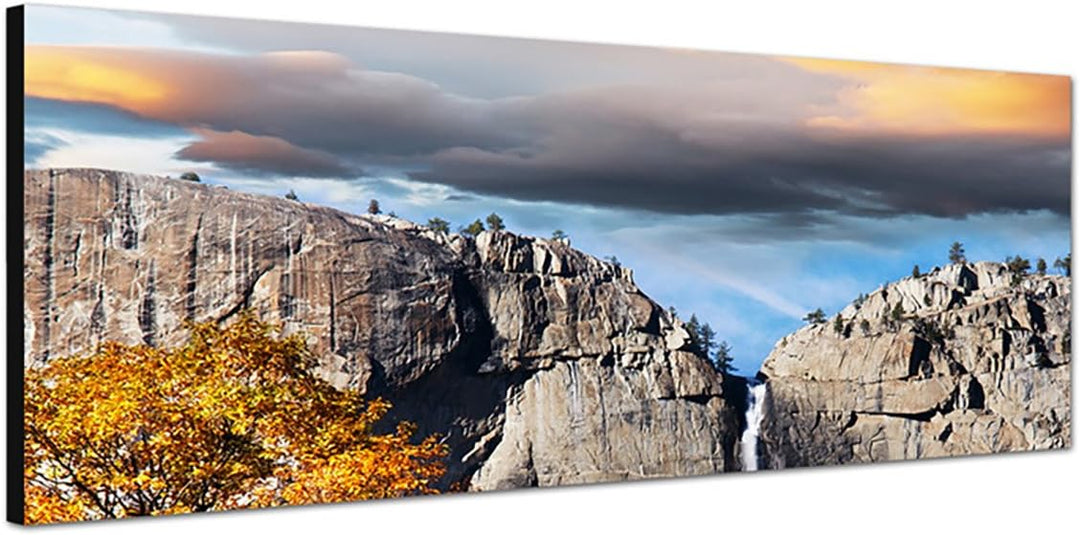 Paul Sinus Art Panoramabild auf Leinwand und Keilrahmen 150x50cm Yosemite Landschaft Felsen Wasserfa