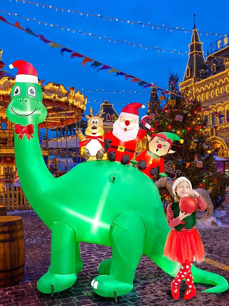 Kalolary 6,7 Fuss Aufblasbare Weihnachtsdekoration, Aufblasbarer Weihnachts-Dinosaurier mit Elf Rent