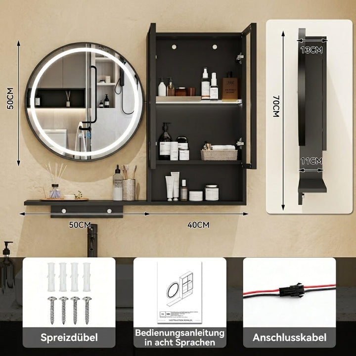 YOURLITE Badspiegel mit Beleuchtung und Ablage 50Rund,Beschlagfrei,Schrank Schwarz+schrank, Schwarz+