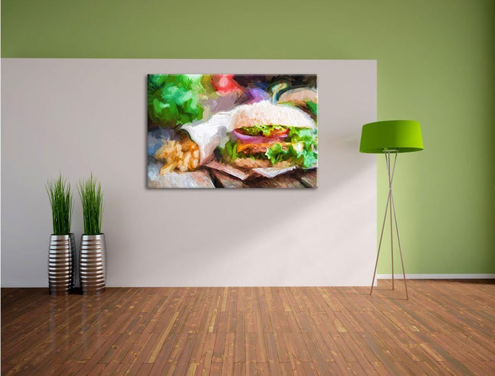 Pixxprint Burger und Pommes als Leinwandbild/Grösse: 100x70 cm/Wandbild/Kunstdruck/fertig bespannt,