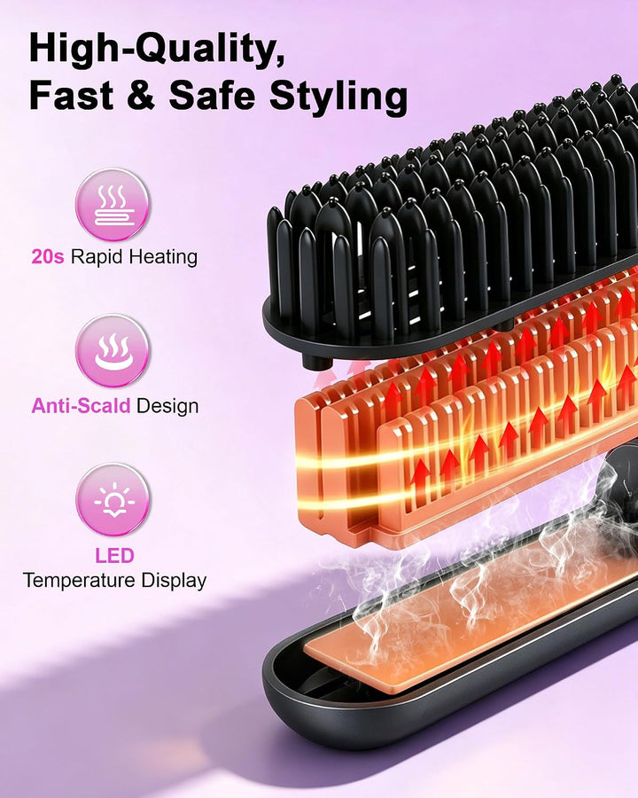 Kabellose Glättbürste mit Akku, Ionen Haarglätter Bürste 160–200°C, 3 Temperaturstufen, LED Display,
