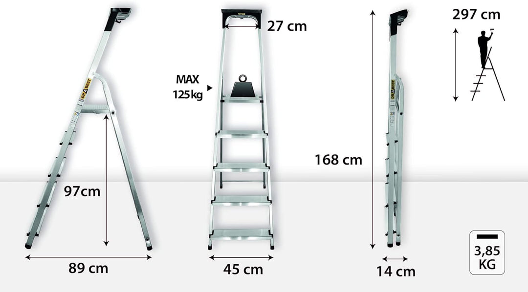 DRABEST Aluleiter mit Ablage, Stehleiter 5 Stufen, Trittleiter bis 125 kg, Haushaltleiter, Klapptrit