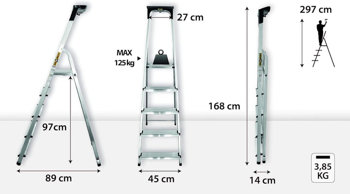 DRABEST Aluleiter mit Ablage, Stehleiter 5 Stufen, Trittleiter bis 125 kg, Haushaltleiter, Klapptrit