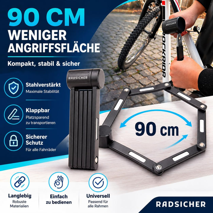 RADSICHER Faltschloss – Robustes Fahrradschloss (90 cm) | Sicherheitslevel 12 | Gehärteter Stahl, We