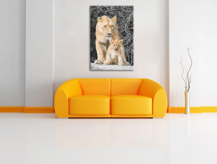 schöne Löwin mit süssem Jungtier schwarz/weiss Deluxe Format: 100x70 cm auf Leinwand, XXL riesige Bi