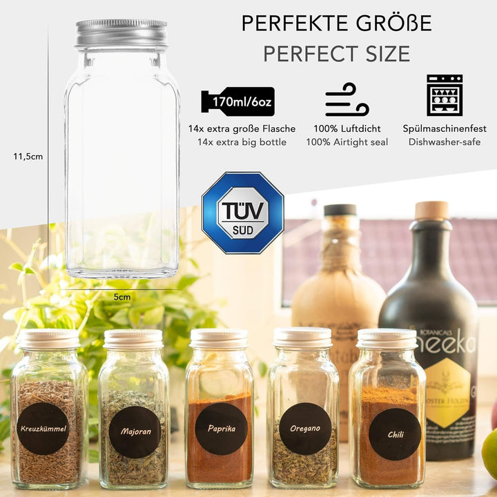 14 Gewürzgläser Set 170 ml mit 21 Tüllen - Einmachgläser mit 170 ml Fassungsvermögen - Wiederverwend
