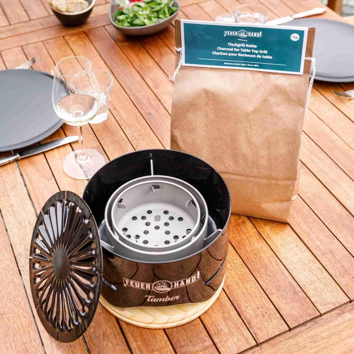 Feuerhand Tischgrill Tamber (tiefschwarz) – Kompakter Holzkohlegrill für den Tisch. Mit Deckel als U