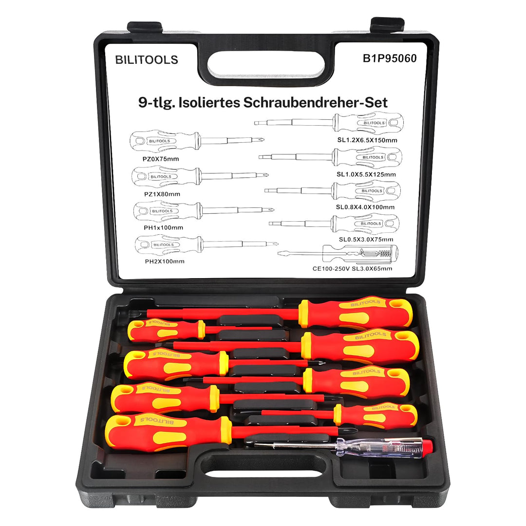 BILITOOLS Isoliertes Schraubendreher-Set 9-tlg. VDE 1000V inkl. Spannungsprüfer – Elektriker-Werkzeu