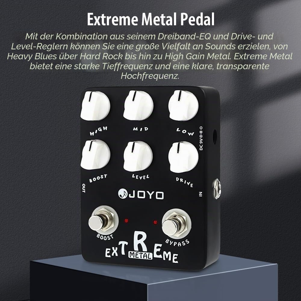 JOYO Metal Distortion Pedal mit 3-Band-EQ und Low-Mid-High Gain Boost für E-Gitarren-Effekt – Bypass