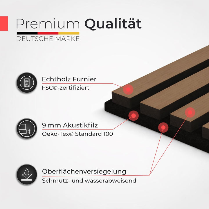 Akustikpaneele Holz – 3er-Set | 60x60cm | Echtholz Walnuss & Akustikfilz Schwarz – 3D Wandpaneele fü