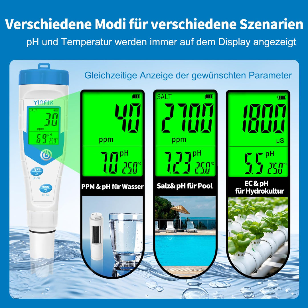 pH Messgerät Wasser, Gleichzeitige Anzeige pH Messgerät und Pool Salzgehalt Messen, Neuer Verbessert