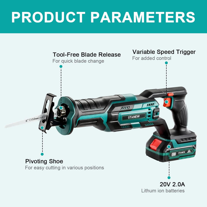 STANEW akku säbelsäge 20V 2.0A,Akku-Reciprosäge mit 2x2.0Ah Batterien,3 Sägeblätter für Holz, 2 Säge