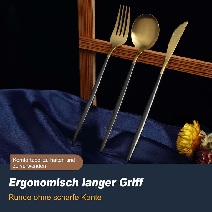 Bestdin Besteck Set 6 Personen, 30 teilig Besteck Schwarz Gold Matt, Essbesteck Set mit Messer Gabel