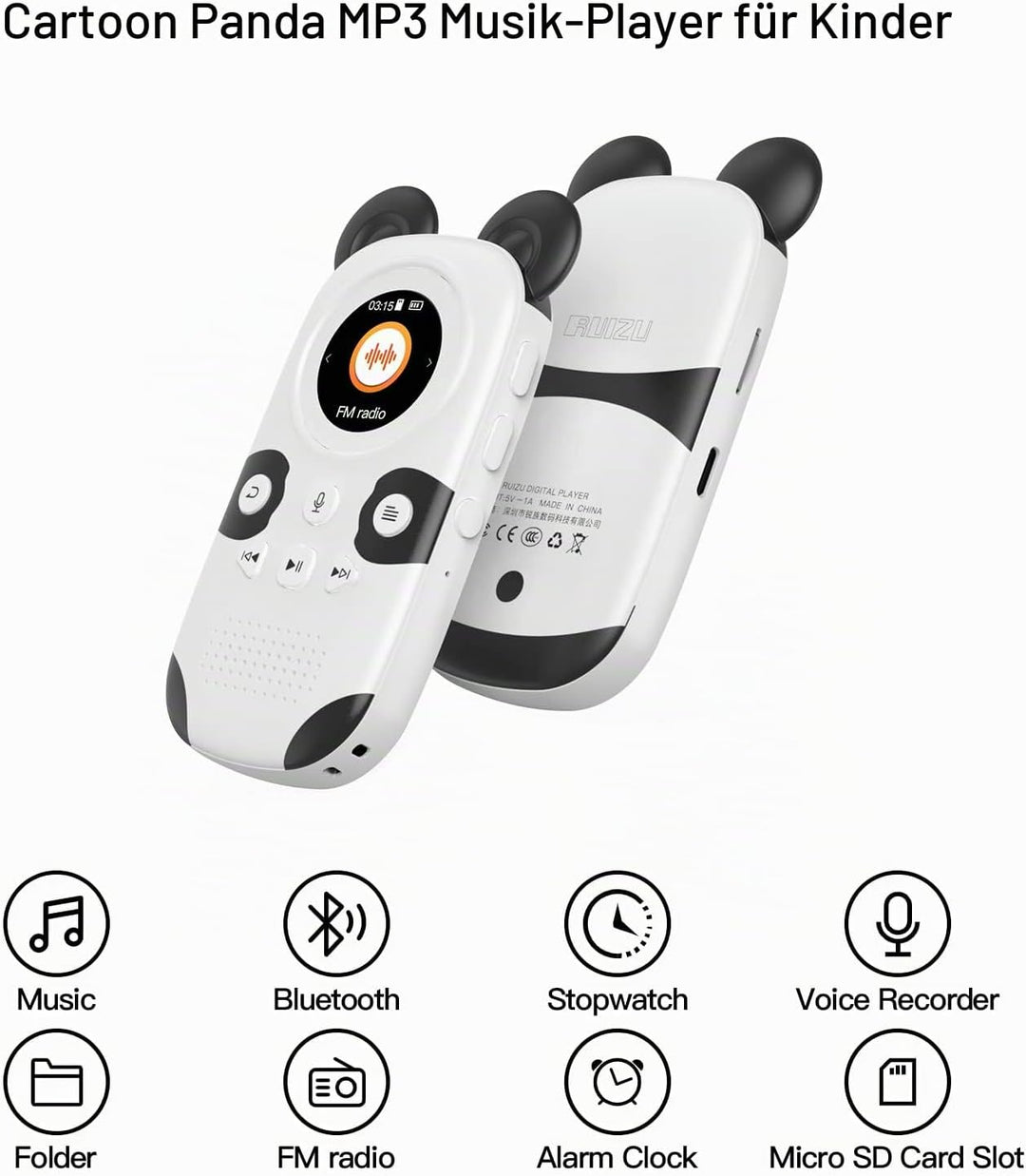 RUIZU MP3-Player mit Lautsprecher für Kinder Cute Panda 1,5-Zoll-TFT-Bildschirm 16 GB Unterstützung