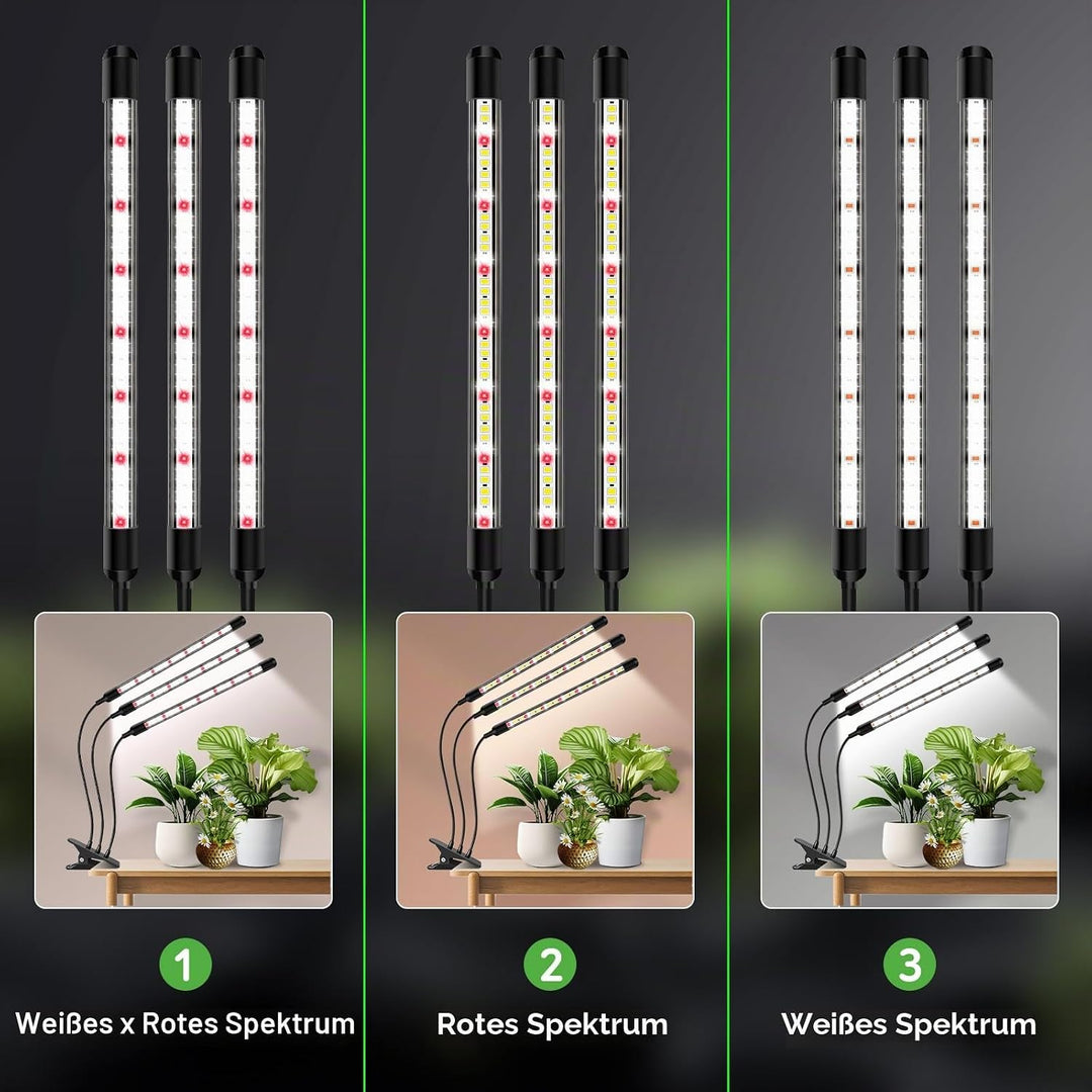 1Pack 3Köpfe Pflanzenlampe LED, Pflanzenlicht Vollspektrum, Pflanzenleuchte mit Zeitschaltuhr, 3 Far