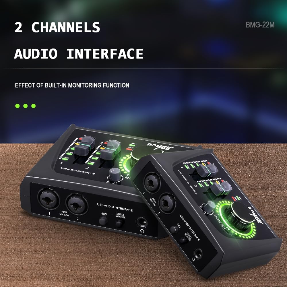 BOMGE Mini-2-Kanal-USB-Audio-Schnittstelle für Aufnahmen, Streaming und Podcasting, mit XLR/48 V Pha