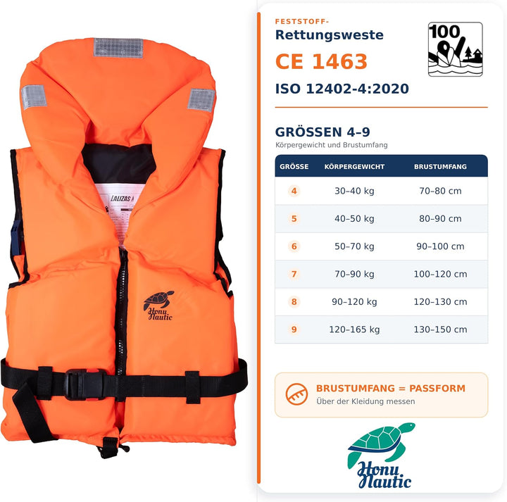 HonuNautic Feststoff Rettungsweste für Kinder und Erwachsene | Feststoffweste | 100 N, CE ISO 12402-
