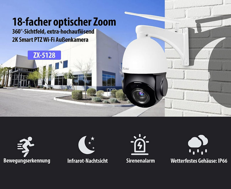 7links WLAN Kamera mit Zoom: PTZ-IP-Überwachungskamera mit 2K, 18x-Zoom, WLAN, App, 360°, IP66 (WLAN