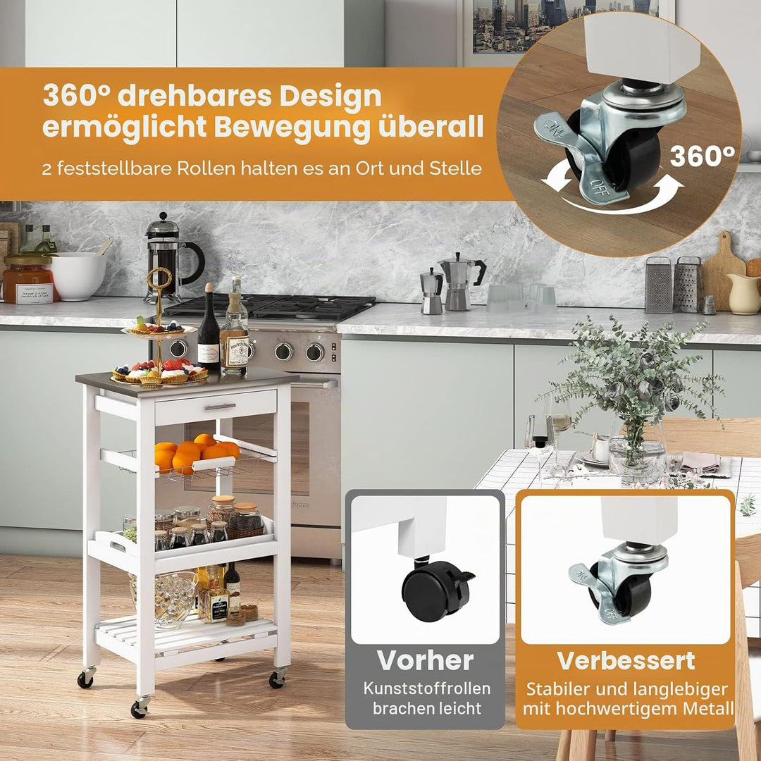 GIANTEX Küchenwagen mit Rollen, Küchenregal mit Arbeitsplatte, Servierwagen mit Schublade & Korb & T