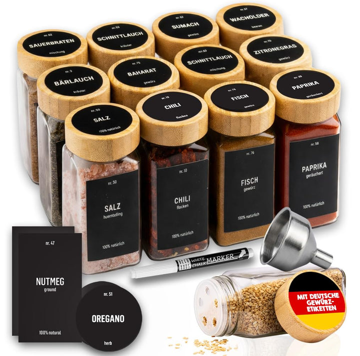 Deco haus® Gewürzgläser Eckig Set mit Gewürzetiketten - Gewürzgläser mit Streueinsatz 12er Set Gewür