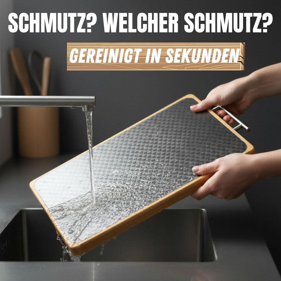 Doppelseitiges Schneidebrett Edelstahl & Bambus | Küchenbrett mit Saftrille & Metallgriff | Holzbret