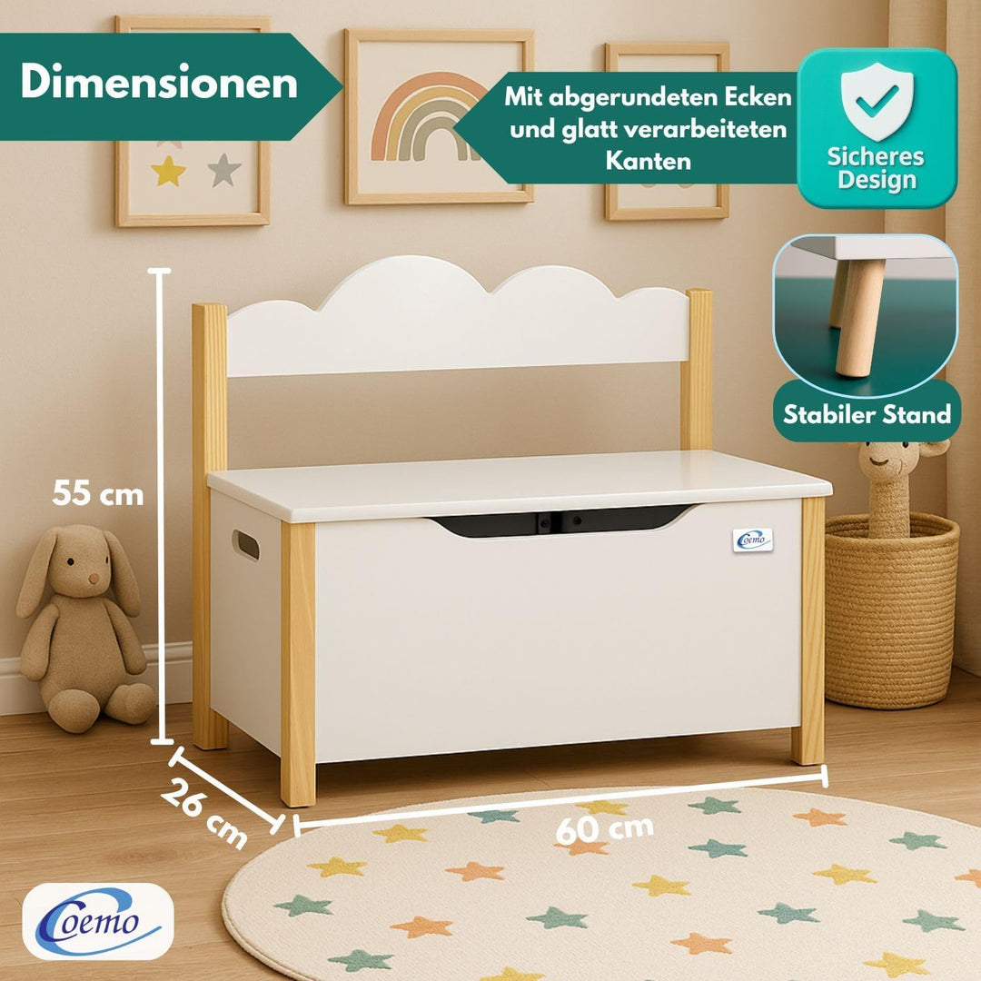Coemo Spielzeugtruhe mit Sitzbank, Holztruhe Weiss Trudi 60×26×55 cm – Kinderzimmer Bank mit Staurau