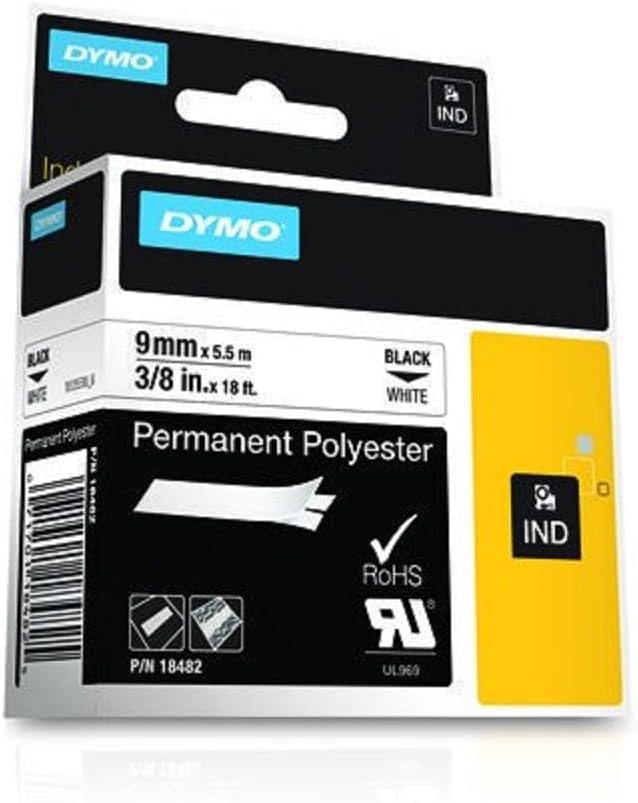 DYMO Rhino Industrie Permanente Polyesteretiketten | 9 mm x 5,5 m | Schwarz auf Weiss | selbstkleben