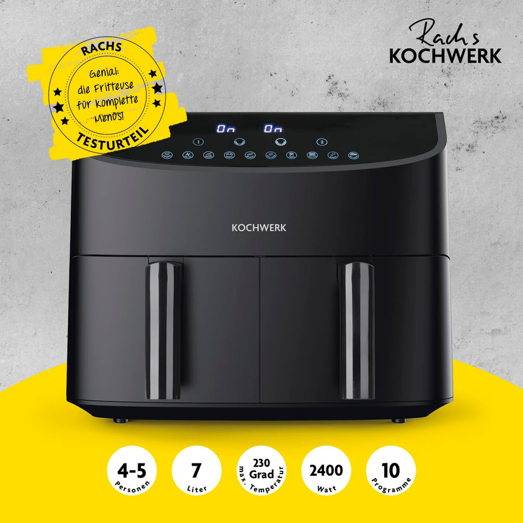 Rachs KOCHWERK Doppelkammer Heissluftfritteuse 7L | Digitaler Edelstahl Airfryer mit Touchscreen, 10
