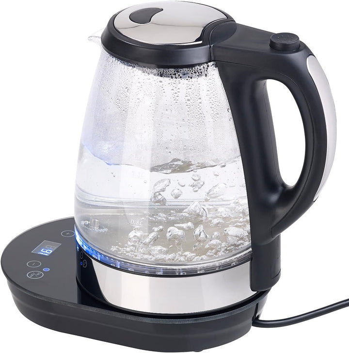 Rosenstein & Söhne Wasserkocher LED: Digitaler Glas-Wasserkocher, Temperaturwahl, Display, 2.200 W,