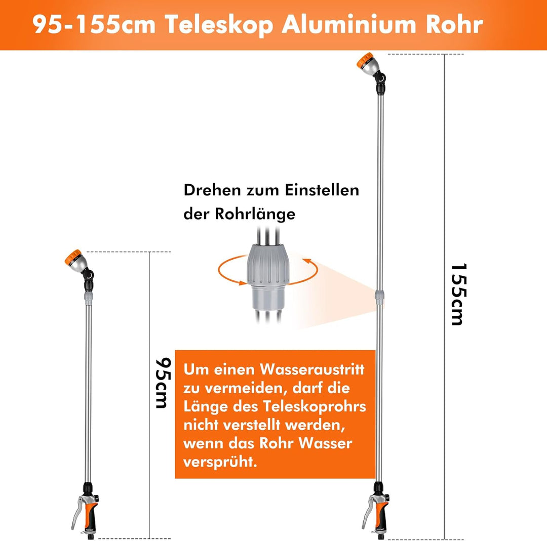 RESTMO Langer Teleskop Giessstab 92-152 cm, Lang Gartenbrause Metall mit 180° schwenkbaren Kopf, 7 S
