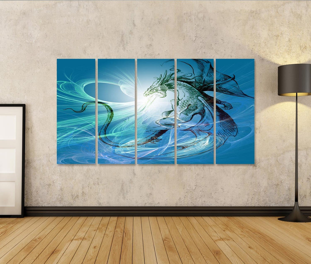Bild auf Leinwand Bild eines Drachens. Wandbild Poster Leinwandbild XXL 170x80 5-teilig, XXL 170x80