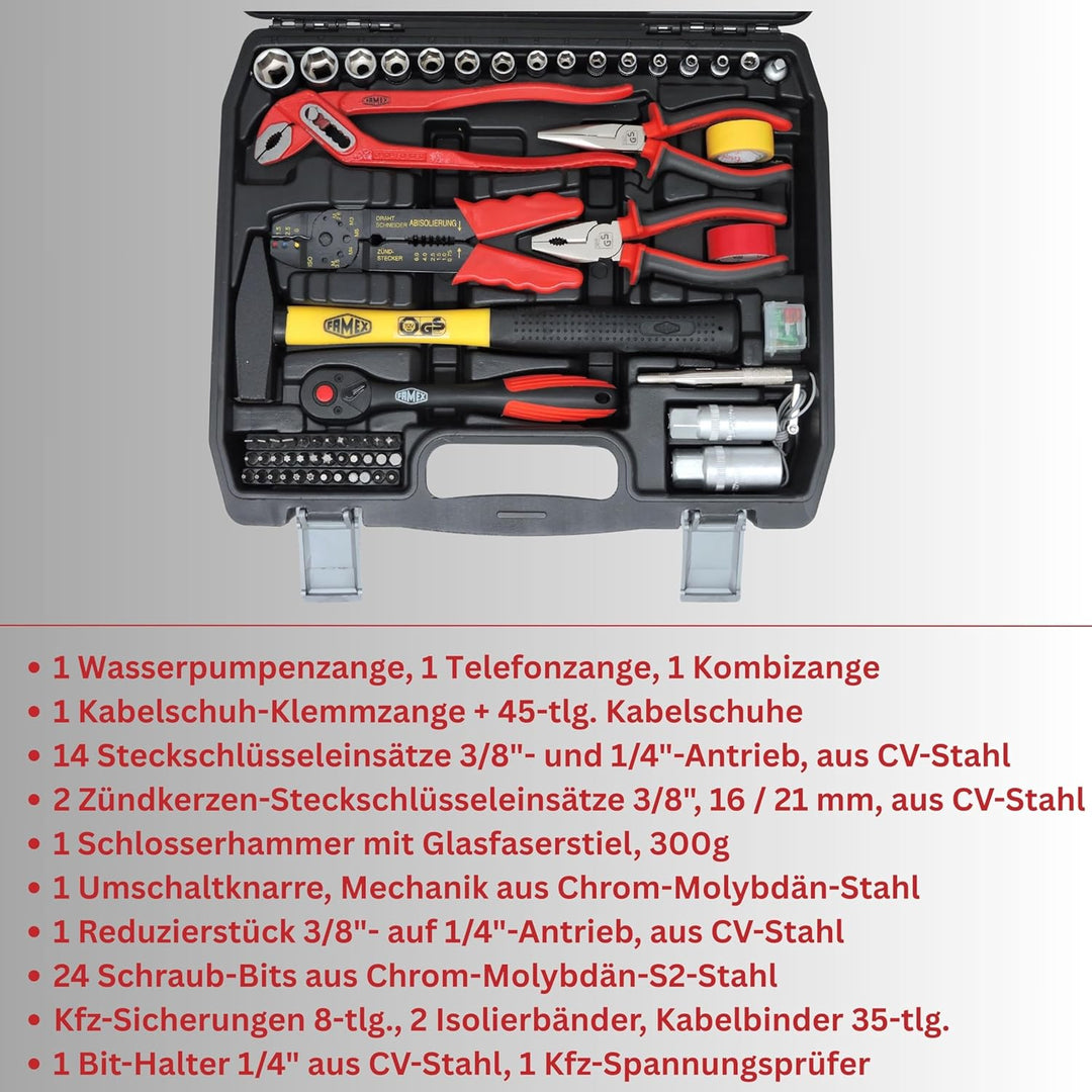 FAMEX 144-50 Werkzeugkoffer gefüllt bestückt mit hochwertigem Werkzeug Set - mit Steckschlüsselsatz,