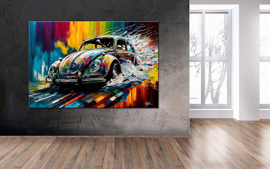PRINTONIA Bild auf Leinwand 120x80 cm Volkswagen VW Käfer Oldtimer Abstrakt Grafik Art Automobil Bil