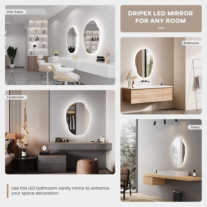 Dripex Badezimmerspiegel Led Badspiegel, Asymmetrisch, Touch-Schalter, Dimmbar, 3 Lichtfarbe Einstel