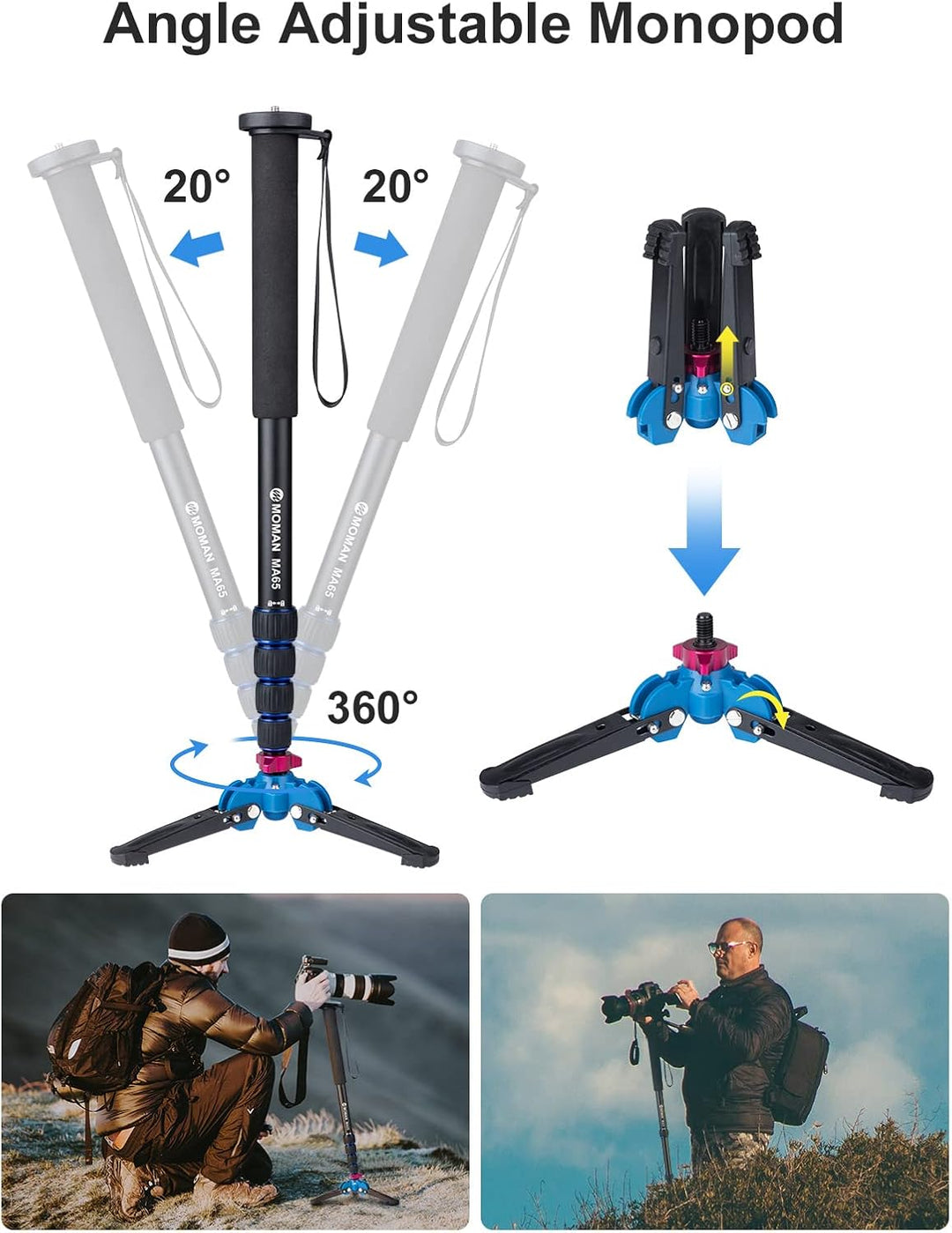 Einbeinstativ, Moman MA65 Kamera Stativ mit Füssen Aluminium Reisestativ DSLR Monopod Kompakter Trag