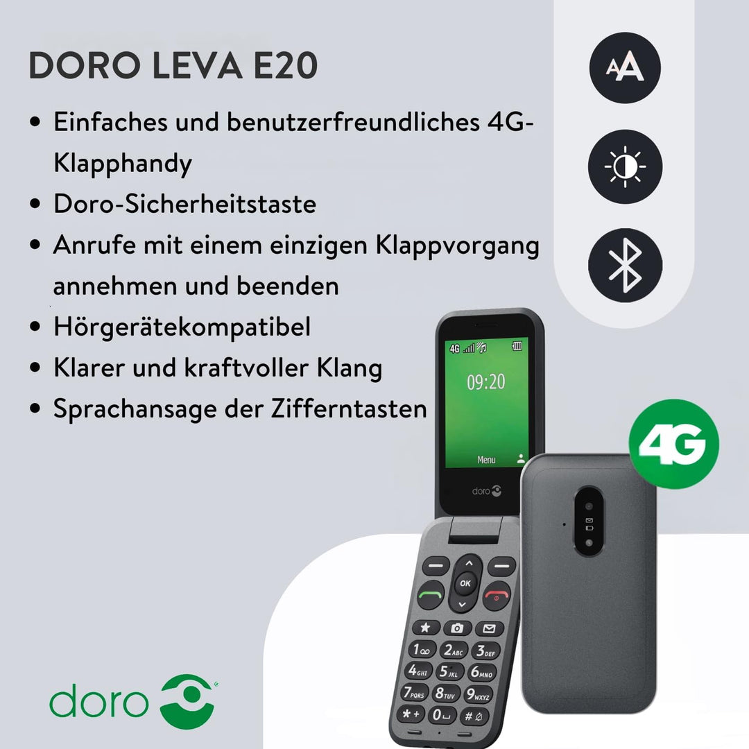 Doro Telefon Leva E20 – 4G Klapphandy für Senioren – 2,8 Zoll Display, kontrastreiche Tasten, besond