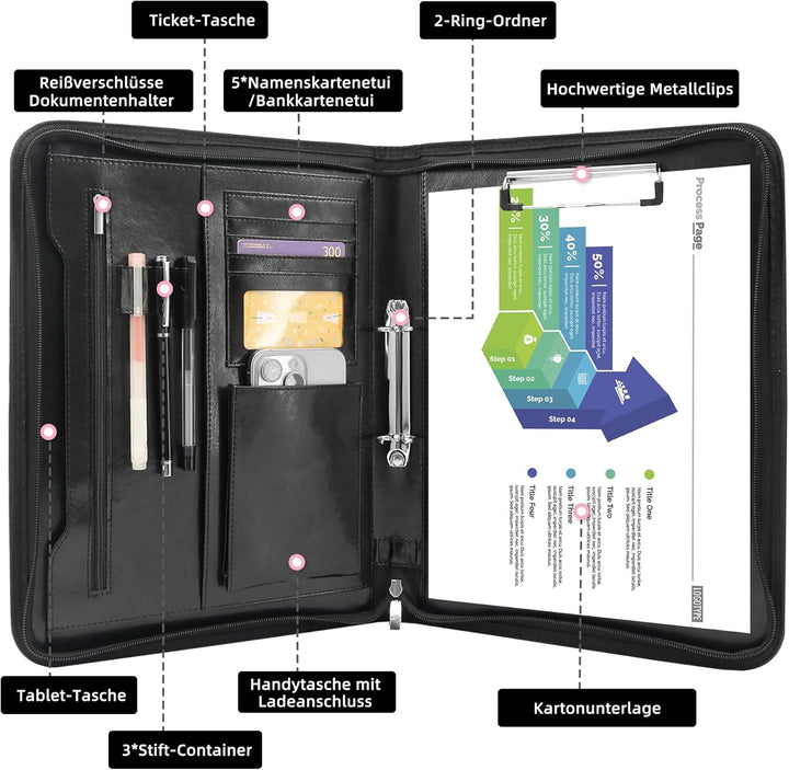 Schreibmappe 2 Ringbuch A4 Konferenzmappe Reissverschluss Leder Wasserdicht Organizer Mappe Dokument