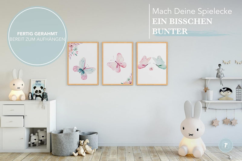 Papierschmiede® Kinderbilder 3er Set, A4 gerahmt in Holzrahmen (Natur), Geschenk für Jungen & Mädche