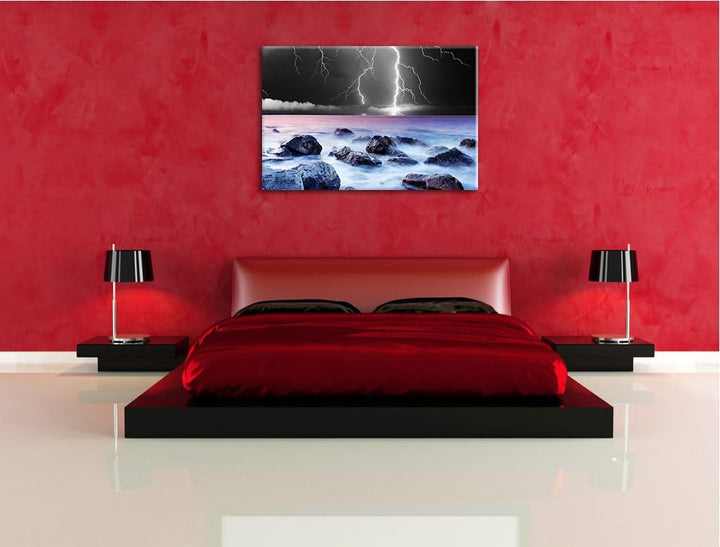 Blitze über dem Meer schwarz/weiss Format: 100x70 auf Leinwand, XXL riesige Bilder fertig gerahmt mi