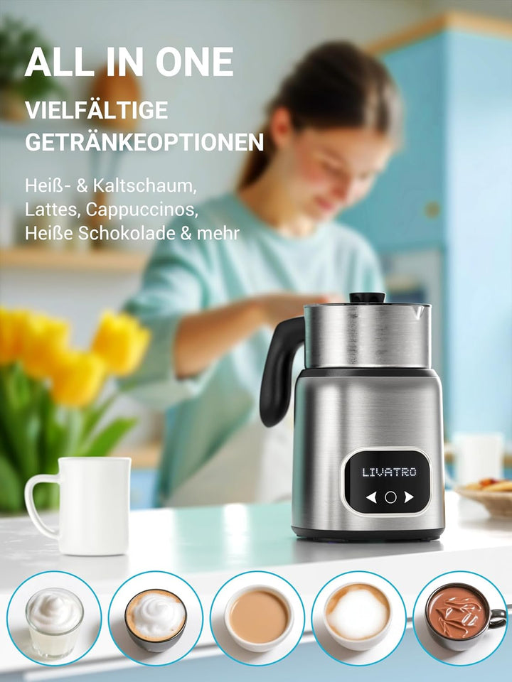 Milchaufschäumer Elektrisch Doppelbechern 600ml & 400ml, Milchaufschäumer Induktion ohne Anbrennen,