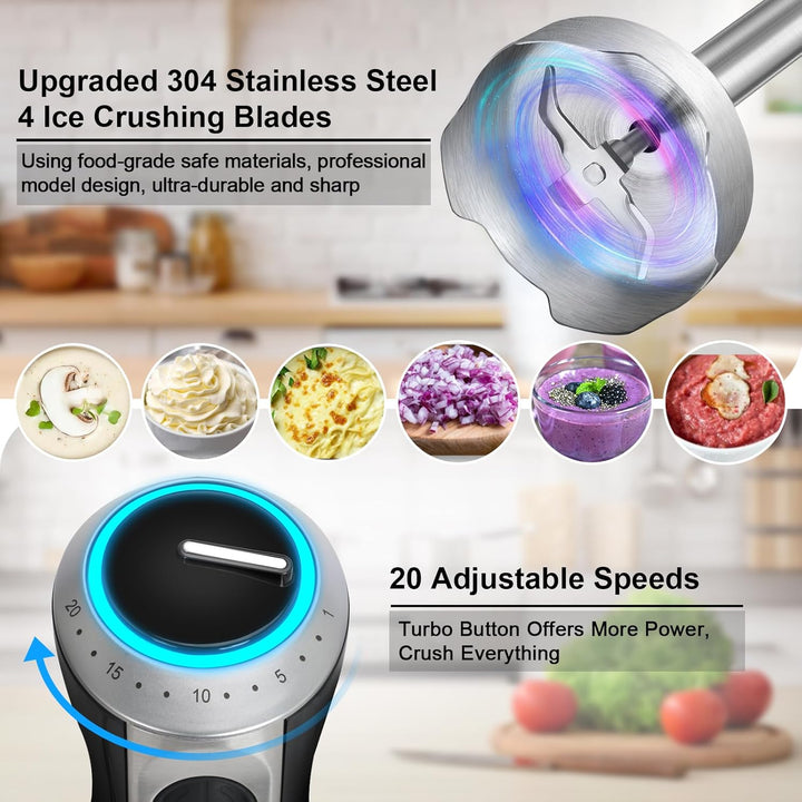 1500W Stabmixer 4 in 1, Pürierstab mit 20 einstellbaren Geschwindigkeiten und Turbo-Modi, Stabmixer