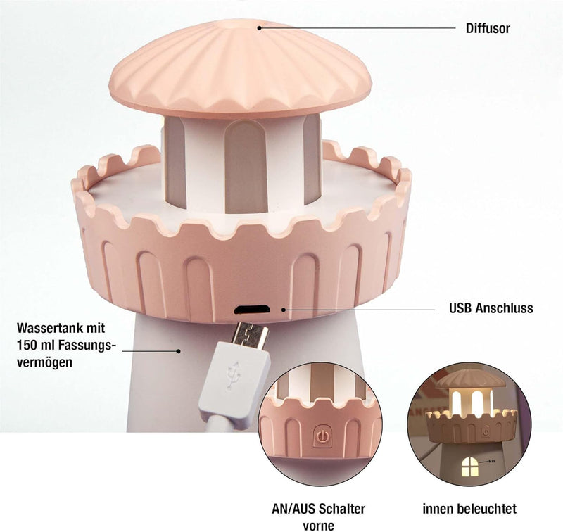 Hellum Luftbefeuchter dekorativ, tragbarer Mini Luftbefeuchter Leuchtturm in rosa, Leuchtturm Diffus