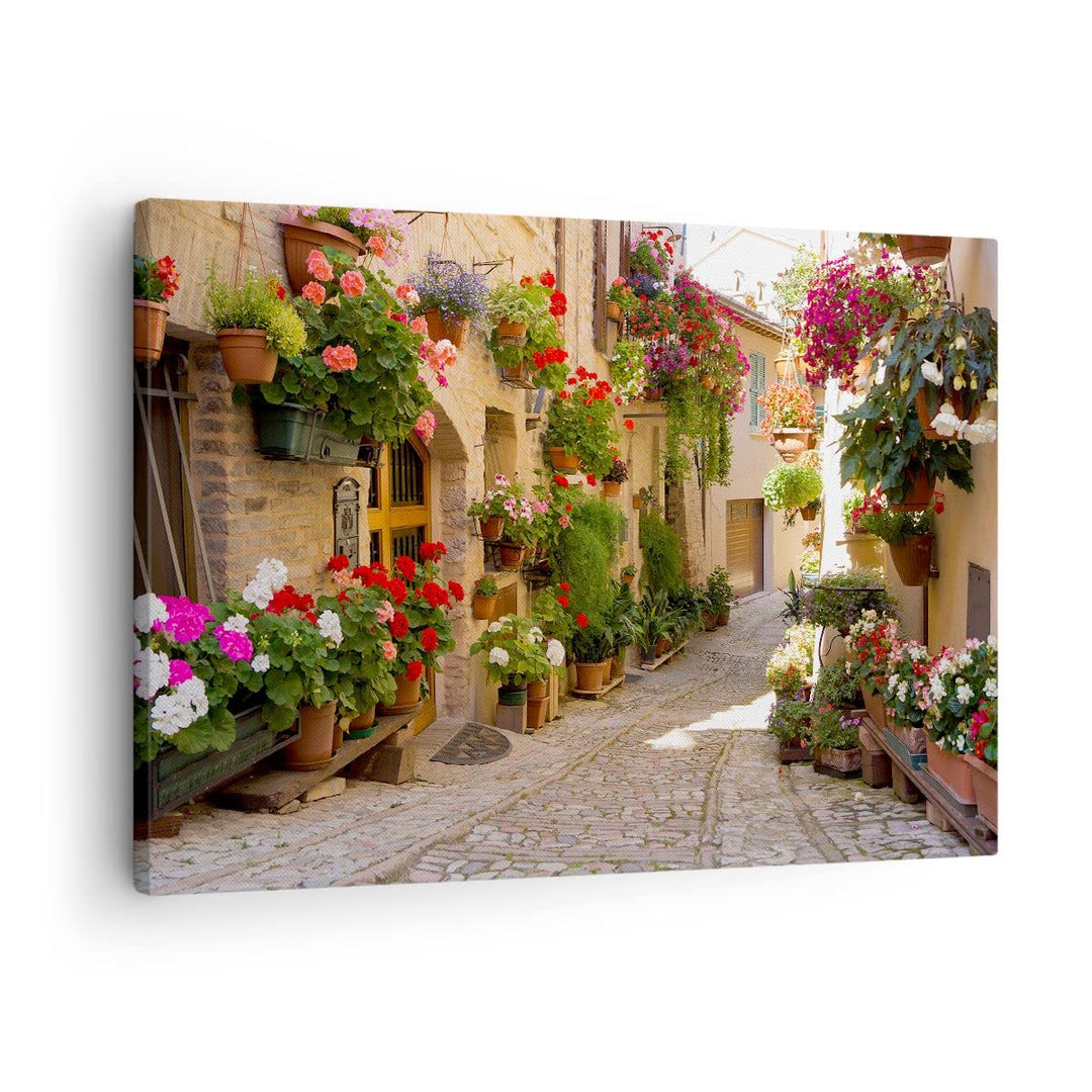 Bilder auf Leinwand Blume Strasse Haus Leinwandbild mit Rahmen 70x50cm Wandbilder Dekoration Wohnzim