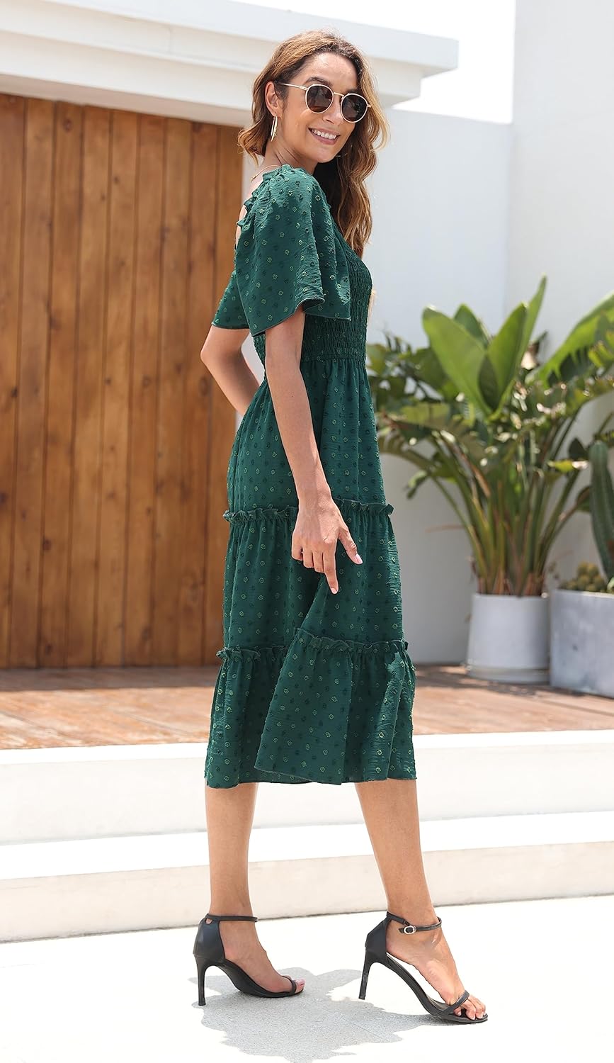 Damen Smocked Midi Kleid Kurzarm U-Ausschnitt Sommerkleid A-Linie Maxikleid Cocktail M Meeresgrün, M
