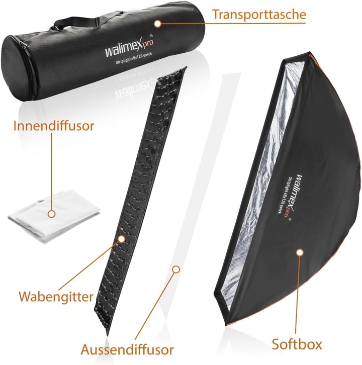 Walimex pro Studio Line Striplight SB QA – Softbox Streiflicht, Fläche 40x120cm, 49,5cm tief, faltba