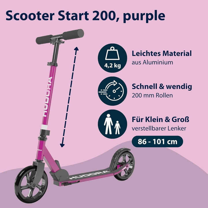 HUDORA Scooter Start 200, Stabiler Aluminium-Roller, Höhenverstellbarer & zusammenklappbarer Cityrol