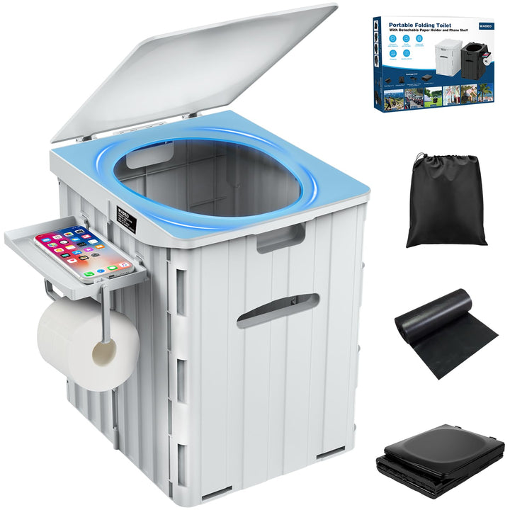 WADEO Tragbare Campingtoilette mit Deckel, 39 cm hohe Mobile Toilette mit 12 Stück Toilettenbeutel,
