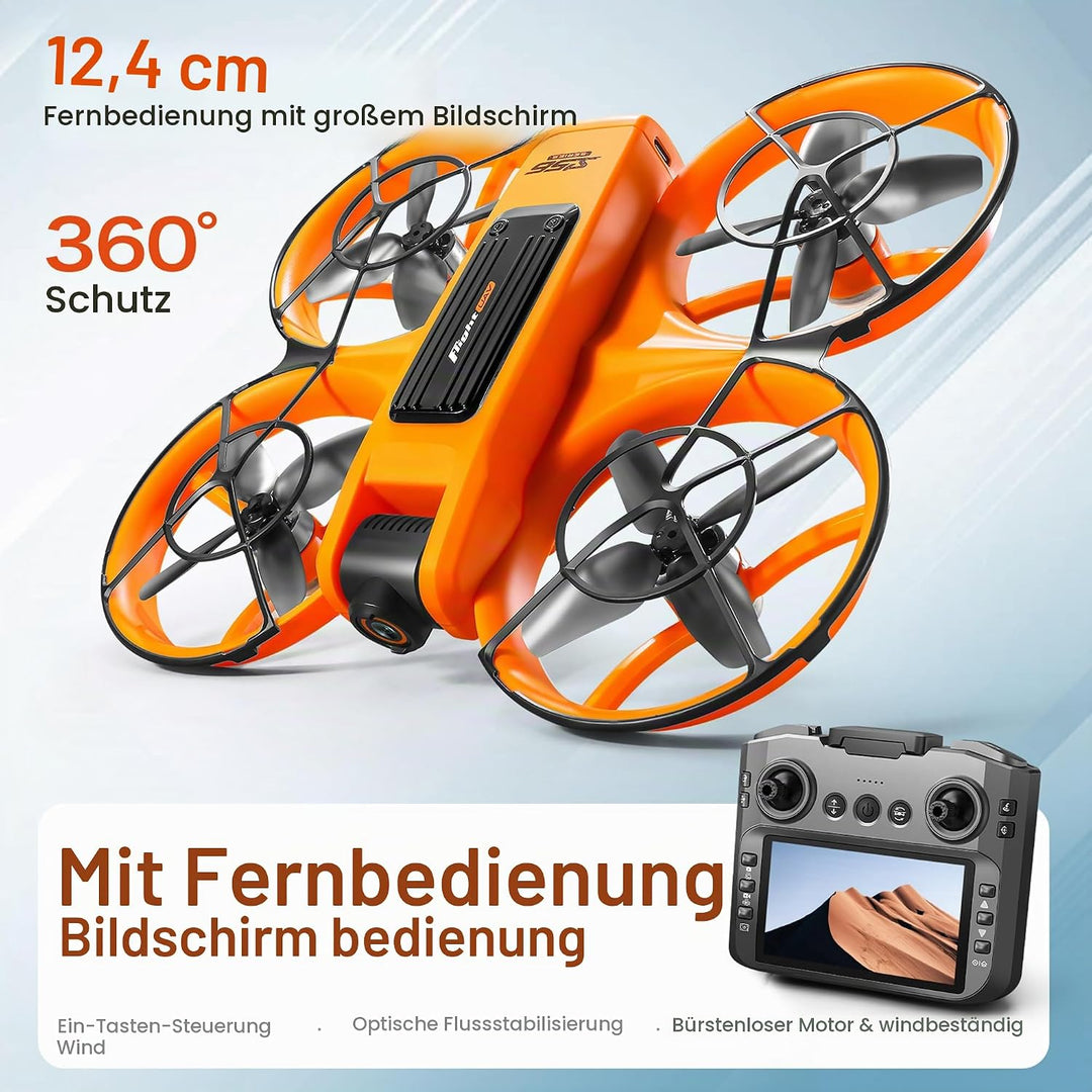 Drohne mit 4,9-Zoll-Bildschirm-Fernbedienung, HD-Dual-Kamera, bürstenlosem Motor, 360° Flips, optisc
