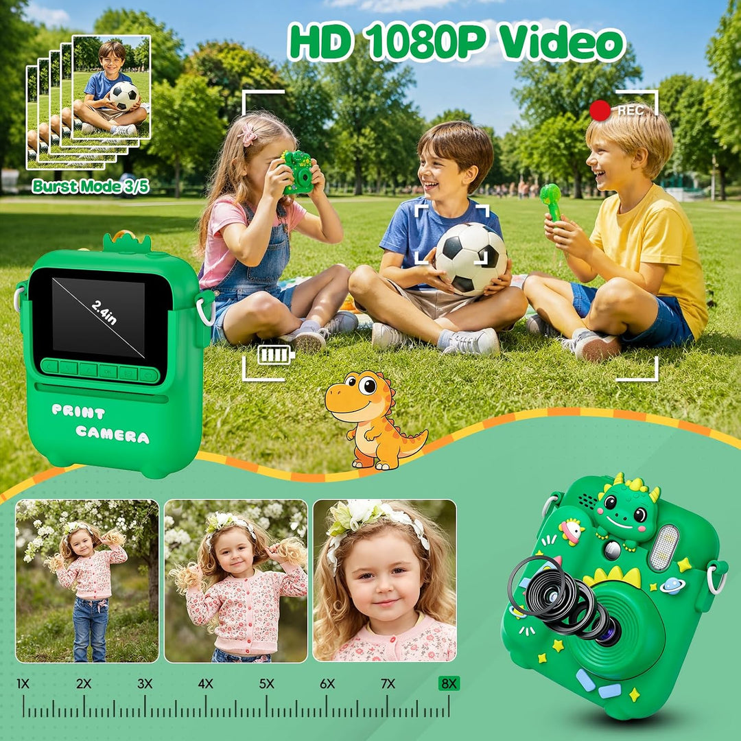 Sofortbildkamera Kinder mit 5 Rollen Druckpapier und 32GB-Karte | Dinosaurier Kinderkamera, 2,4 Zoll