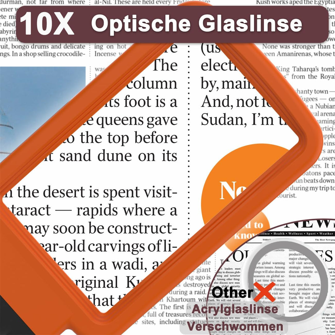 10X Lupe mit Licht und Ständer, Echtglaslinse Leselupe, Wiederaufladbare, Faltbare Grosse Handlupe,
